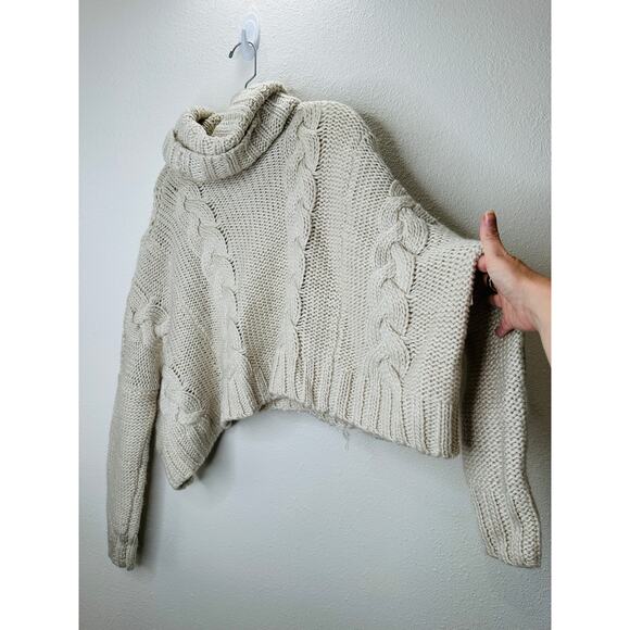 Lovestitch Tan Chunky Cable Knit Turtleneck Oversized Cropped Sweater S - Picture 7 of 11